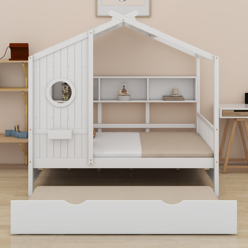Lit en bois en forme de maison avec lit gigogne et tablettes de rangement, Lit double, Blanc
