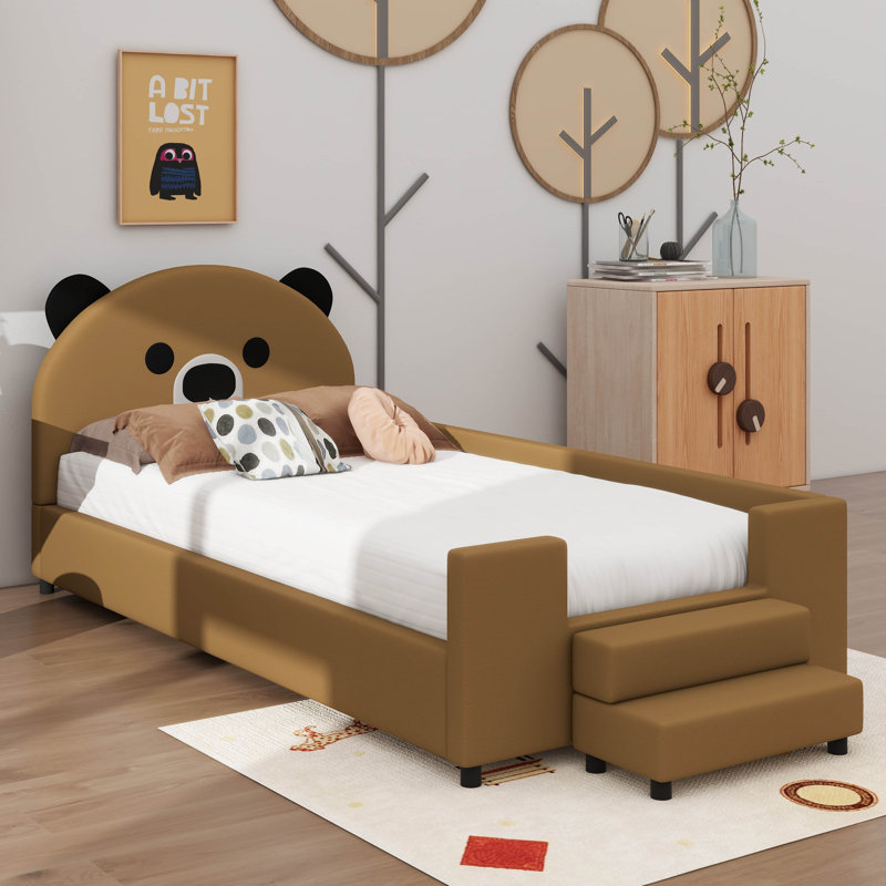 Lit de jour rembourré de taille simple avec tête de lit en forme d'ours, Brun