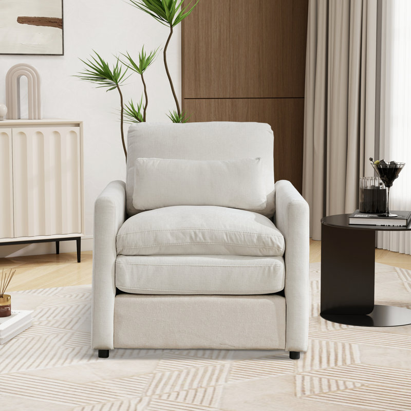 Large fauteuil rembourré à assise profonde et confortable avec un coussin, Chenille beige