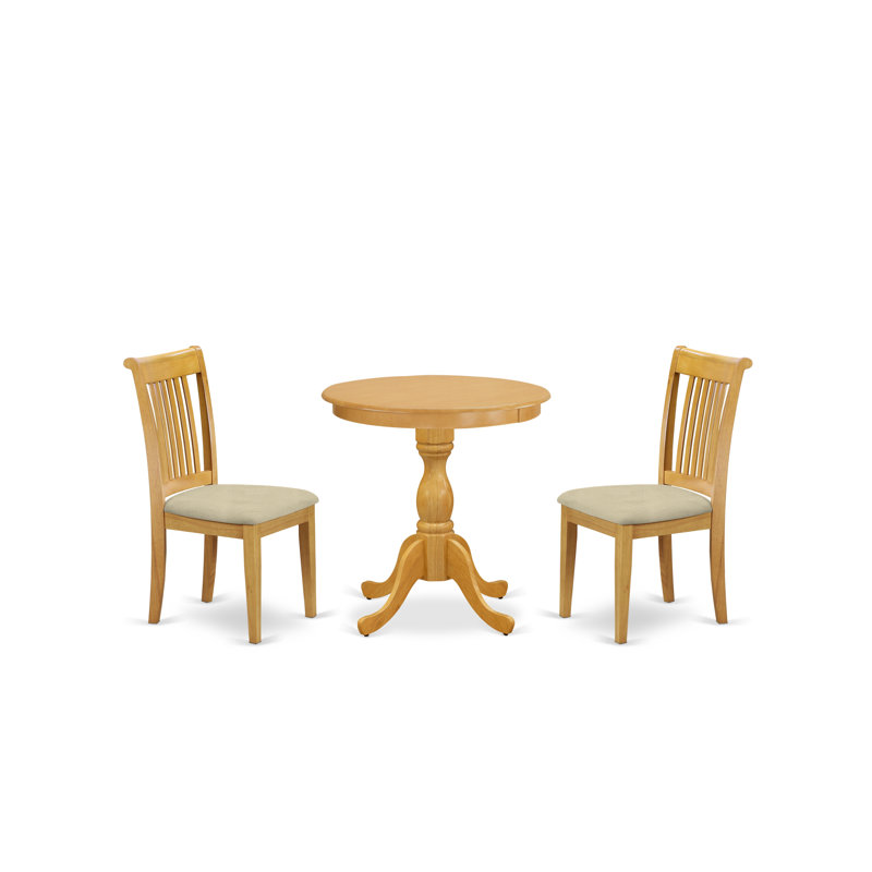  L'ensemble de 3 tables de salle à manger modernes comprend une table ronde en bois avec piédestal et 2 chaises de cuisine en tissu de lin, 30 x 30 pouces, chêne