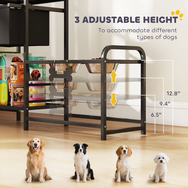 Support à 3 bols pour chien à hauteur réglable avec 2 postes d'alimentation, panier à jouets, noir