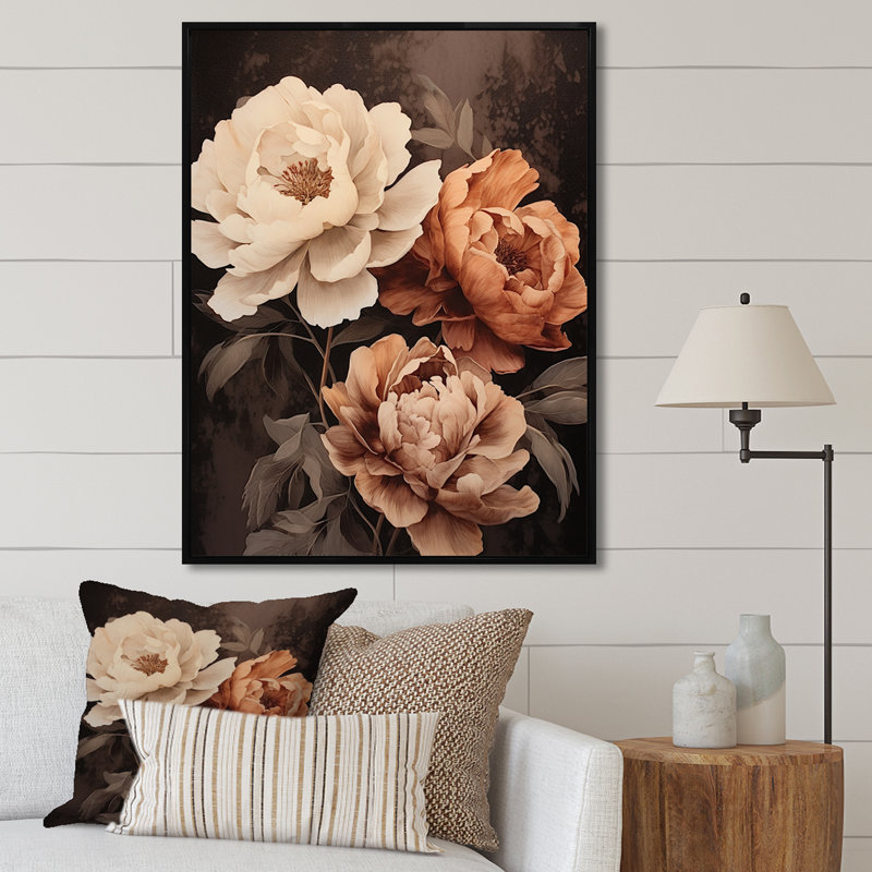 Pivoines botaniques rétro dévoilées II sur toile, Cadre flottant noir, H 32 po x l 16 po x P 1 po