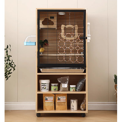 Minimalist Light Wood Metal Wire Bird Cage, Tall Vertical Parrot Aviary with External Bath Box & Pull-Out Waste Tray