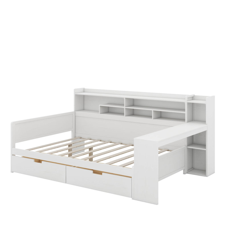 Lit de jour double avec tablettes, tiroirs et bureau, Blanc antique