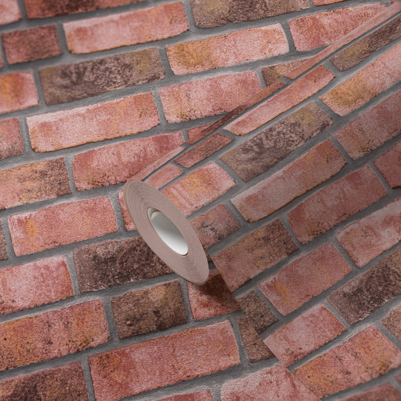 Bricks and More Collection Brick Weathered Effect Wallpaper Roll, Red