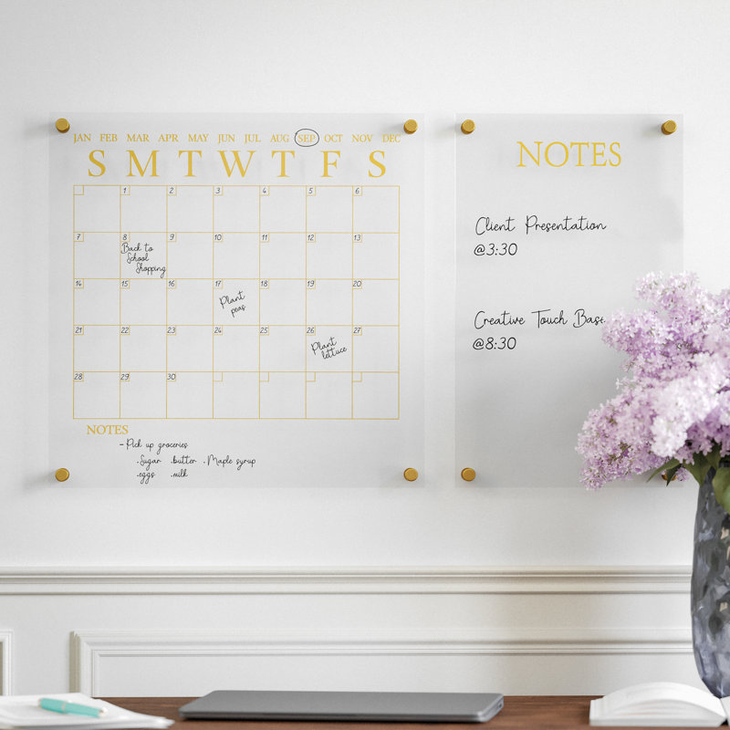Clear Gold Acrylic Wall Calendar and Notes Board Set