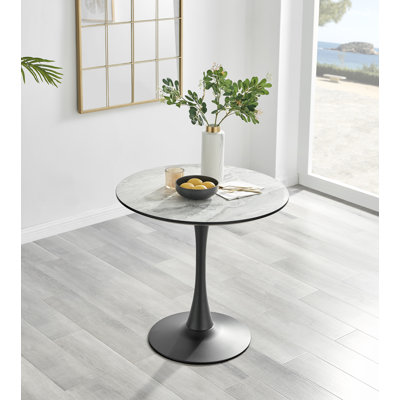 Ellis White Marble Effect Melamine Round Dining Table Set with 2 Luxury Velvet Dining Chairs