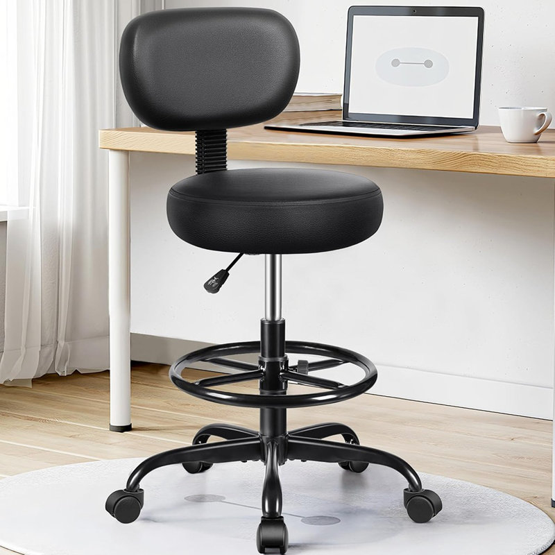 Tabouret pivotant réglable avec repose-pieds, similicuir, pour le bureau, le salon, le laboratoire ou la maison - noir