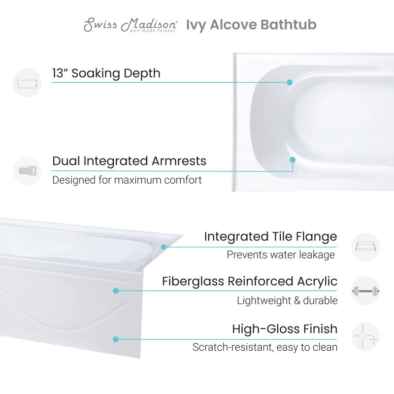 Ivy 60" x 30" White Acrylic Alcove Bathtub with Apron