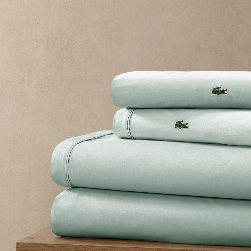 Lacoste Cotton Percale Sheet Set, Crisp Feel & Breathable Bedding, Deep Pocket Fitted Sheet, Pale Aqua, Queen, Pale Aqua