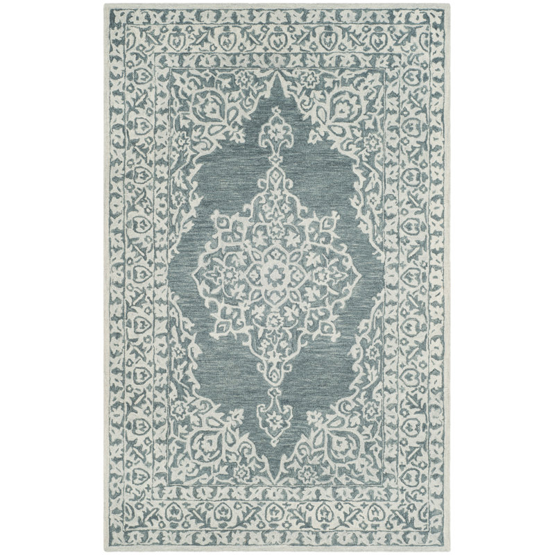 Tapis bleu en laine touffeté à la main Burhardt, Rectangle 2 pi 6 po x 4 pi