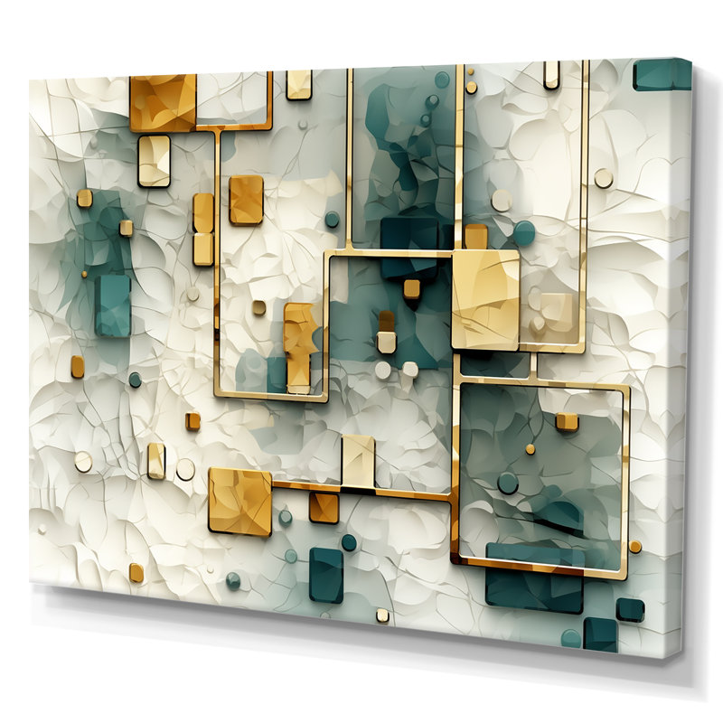 Auspicieuse rétro bleu sarcelle géométrique I - peinture abstraite sur toile, Toile tendue, H 30 po x l 40 po
