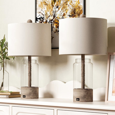Coleridge 24" Modern Farmhouse Glass Table Lamp 3-Way Dimmable USB Port for Bedroom Living Room