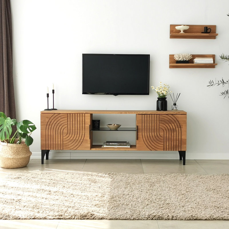 Modern TV Unit with Antibacterial Solid Pine Wood, Oak Finish, 47.5 x 15.7 x 11.8 inches | Rustproof Metal Legs, 2 Shelves (19.7 x 5.9 x 4.7 inches) | Stylish Scandinavian Design, Easy Assembly, Perfect for Living Room