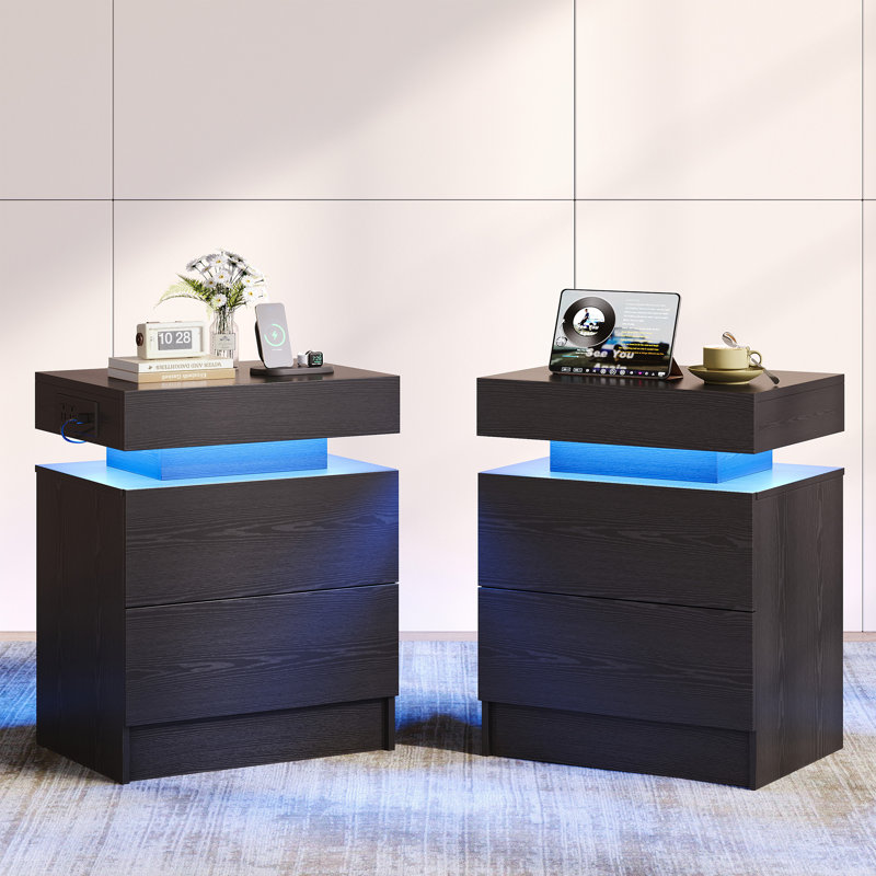 Night Stand Set Of 2, Modern Black Nightstand With With Charging Station, Bedside Tables With Led Light And Drawers, End Table For Bedroom