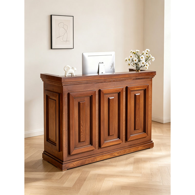 Comptoir de caisse en bois massif transitionnel rétro, table de réception robuste avec armoire fermée