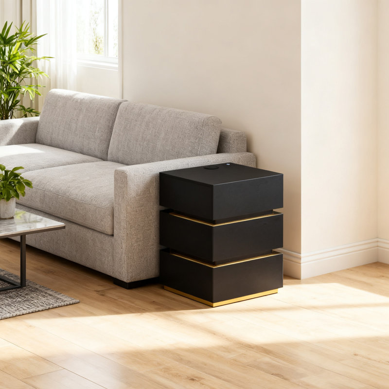 Table de chevet noire, table de chevet cannelée à DEL avec station de charge, petite table de chevet à 3 tiroirs, table de chevet avec ports USB, table de bout moderne pour chambre à coucher / salon