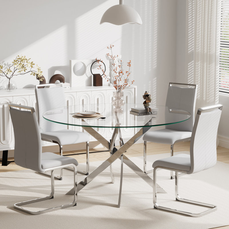 Ensemble de table de salle à manger 5 pièces, table ronde en verre trempé de 42 pouces et 4 chaises de salle à manger rembourrées.
