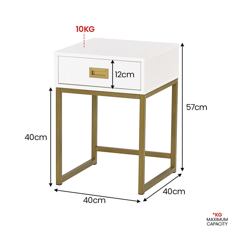 Natavious White End Table, Bedside Cabinet, Universal Accent Table with Gold Frame Legs  with 1 Drawer.