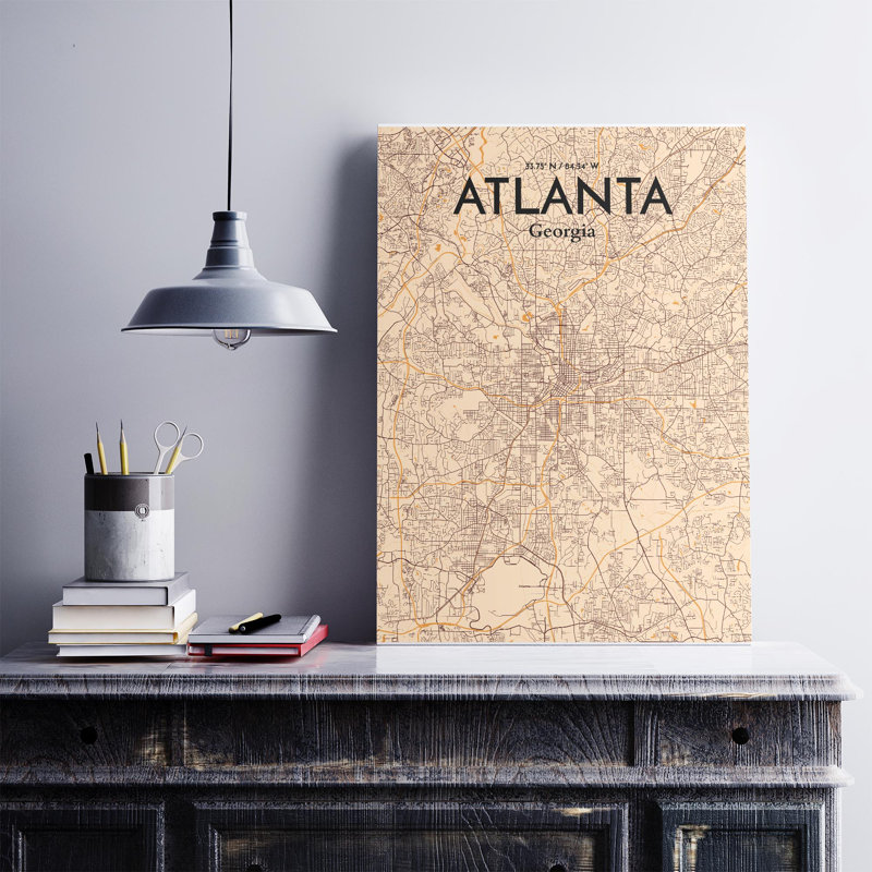 Carte de la ville d'Atlanta, impression rétro, Orange / or pâle, H 27,60 po x l 19,70 po