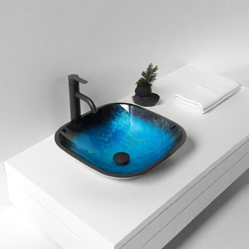 Bathroom Artistic Tempered Glass Vessel Bathroom Sink With Faucet And Pop-Up Drain, Blue