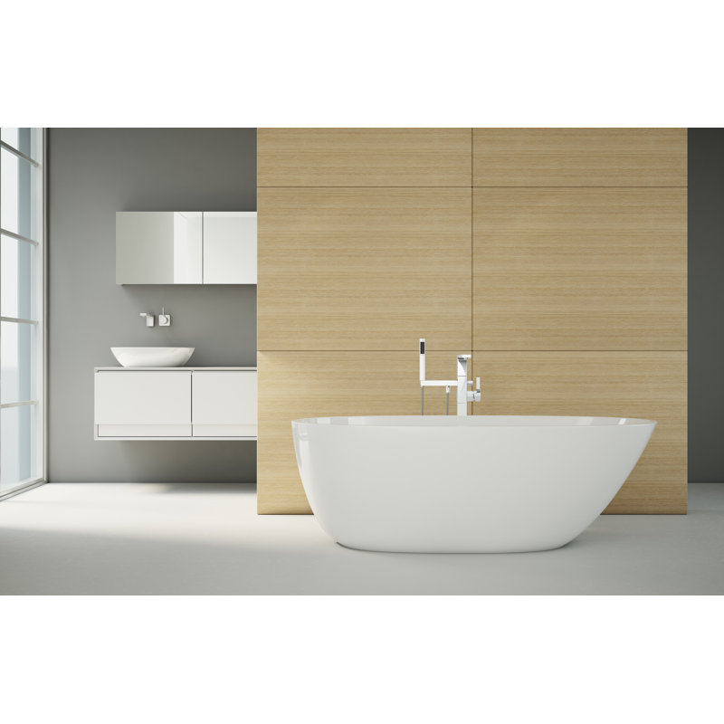 BE 66'' L Freestanding Soaking Bathtub, Brushed Nickel, Glossy White