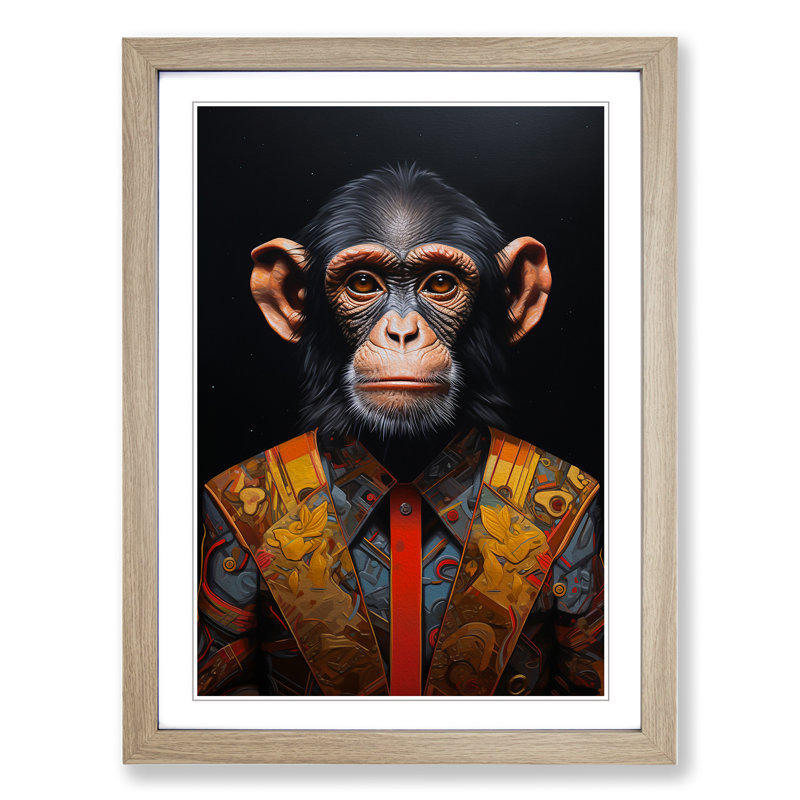 Monkey Hard Edge Painting - Single Picture Frame Print on Wood, Oak, 34" H x 25" W x 2" D