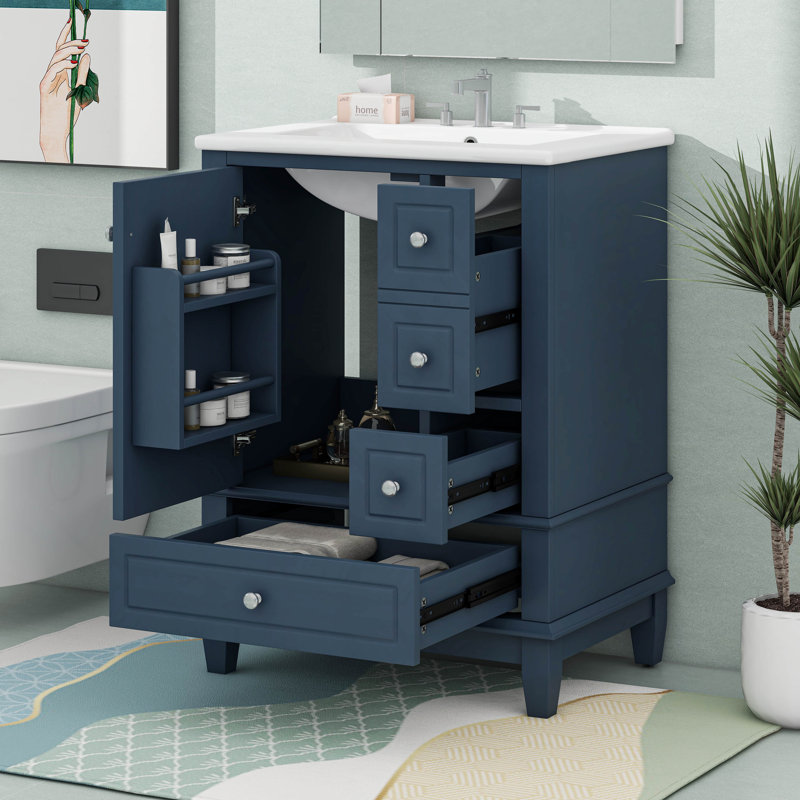 Ensemble de meuble-lavabo avec lavabo en céramique 24 po, tablette, trois tiroirs 24 po, Bleu gris