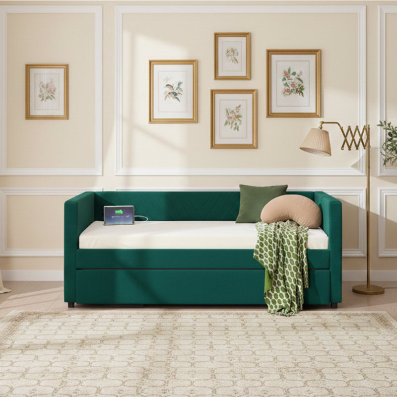 Twin Size Upholstered Daybed With Trundle, USB Port, Side Pockets, Modern V-Grained Backrest Design, No Box Spring Needed