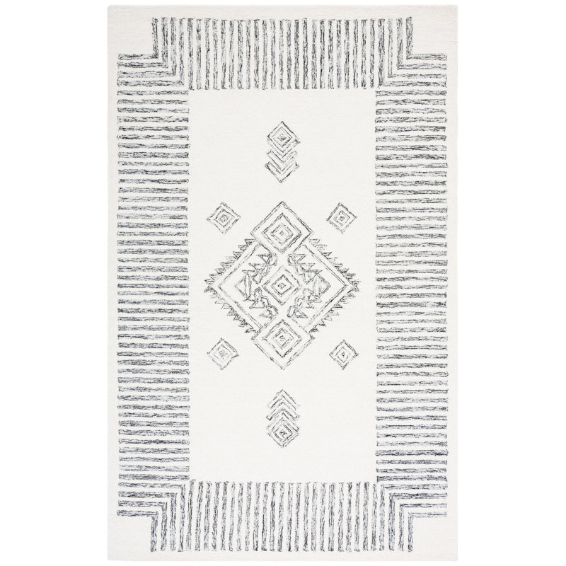 Lavardens Hand Tufted Wool/Cotton Oriental Rug in Black/Ivory, Rectangle 4' x 6'