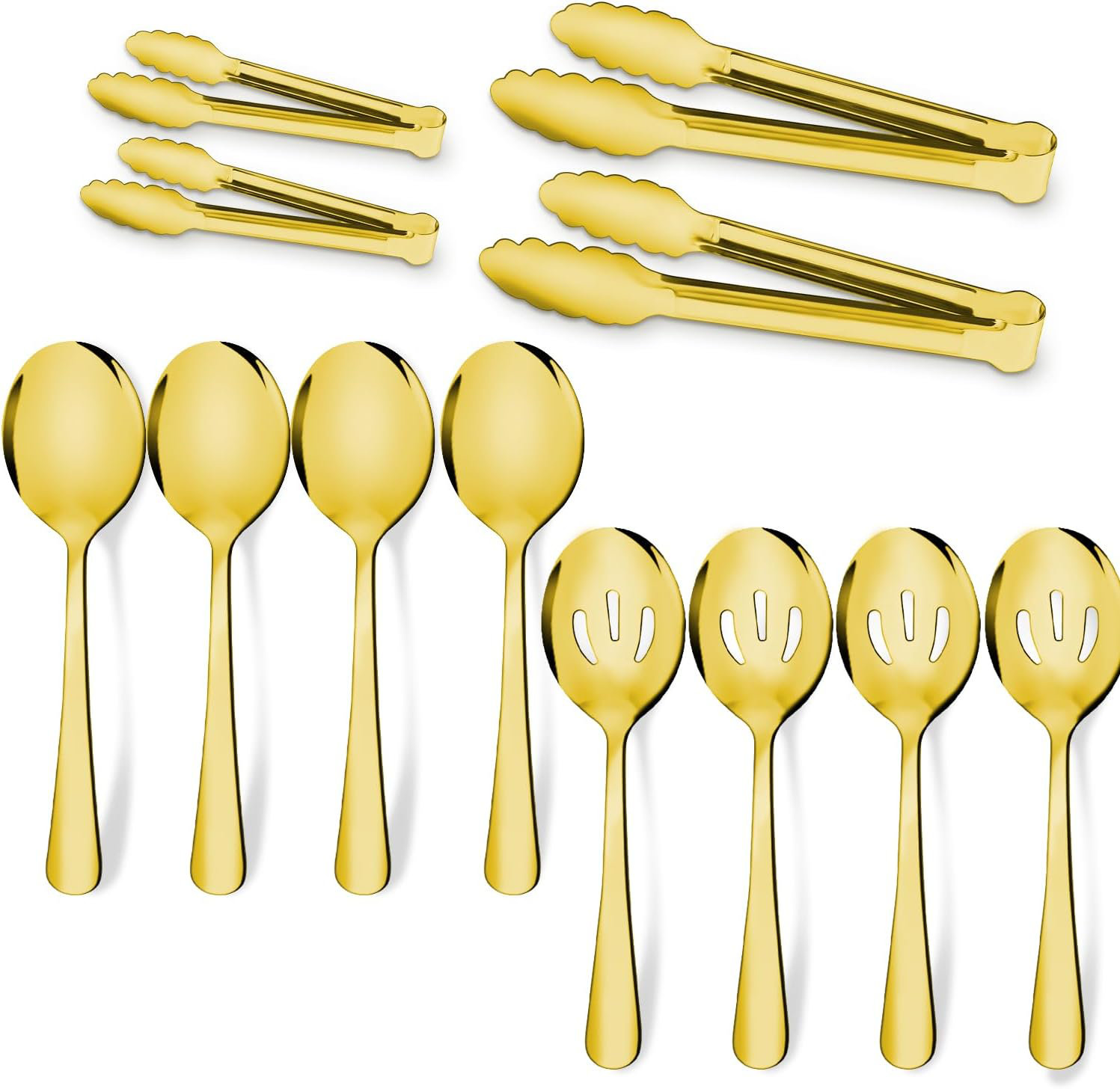 Gold Serving Utensils, OGORI 10-Piece Polished Stainless Steel Gold Serving Utensils Set Include Serving Spoons, Slotted Serving Spoon, Serving Tongs, Serving Fork, Salad Fork, Soup Ladle, Pie Server