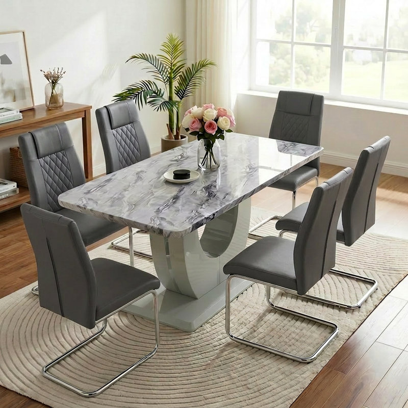 Ensemble repas 7 pièces Kimara, Gris, 7 pièces : table, 6 chaises
