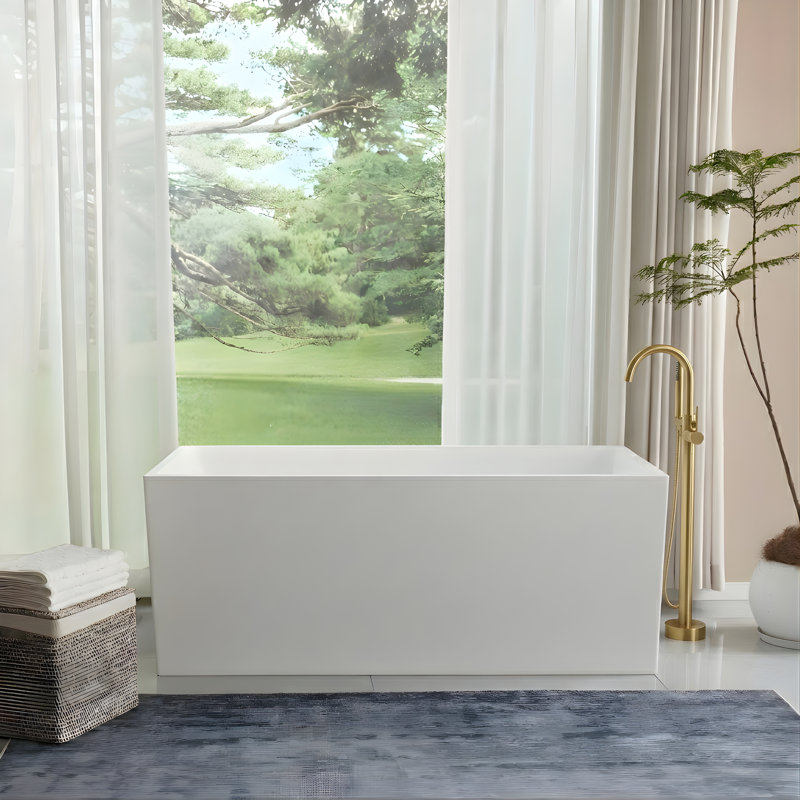 55" x 29" Freestanding Soaking Acrylic Bathtub, White/Titanium Gold