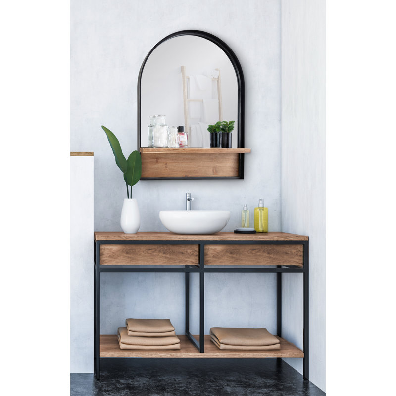 Rhawnhurst Metal Mirror with Shelves, 32" x 24", Black, Arch/Crowned Top