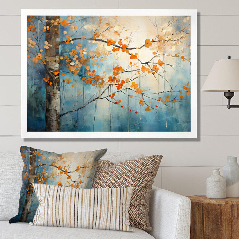 Érable orange sarcelle brillant, braises II - Art mural érable, H 24 po x l 32 po, Cadre photo unique, Blanc