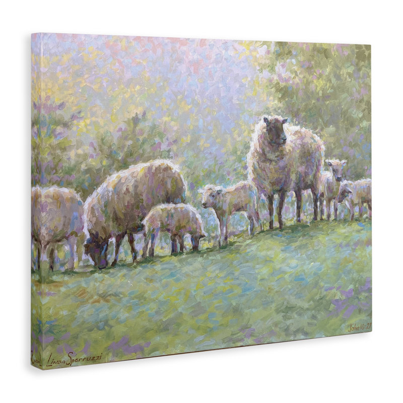 «Misty Morning Sheep on Hill», art mural par Linda Sperruche, H 16 po x l 20 po