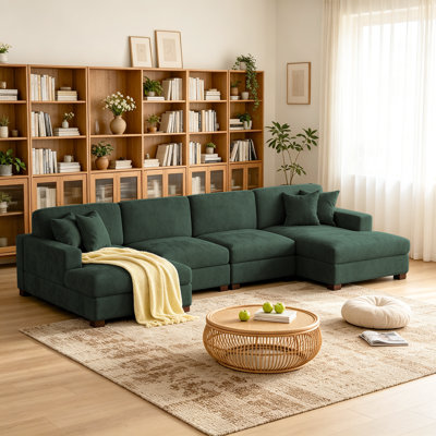 Canapé modulaire rembourré 4 pièces en chenille vert avec accoudoirs et coussins décoratifs 4 pièces