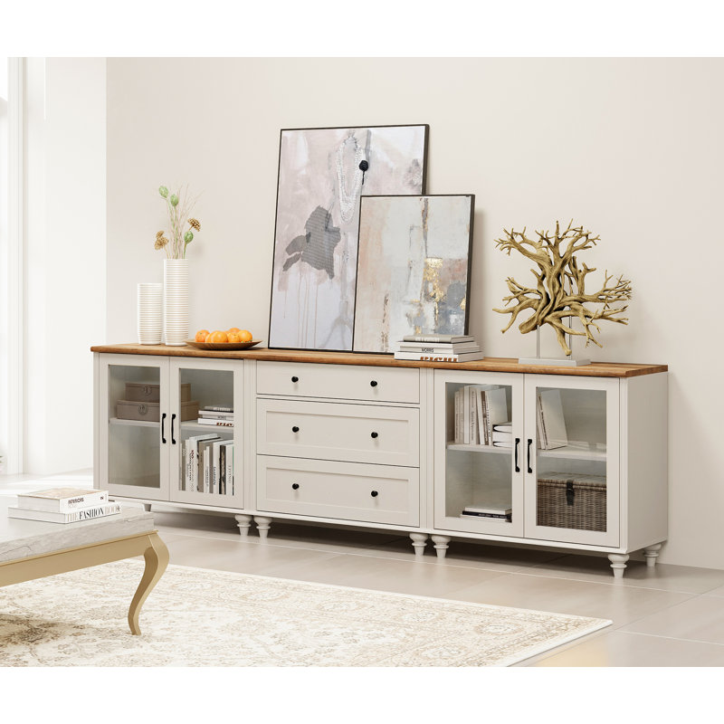 Scarlett Large TV Stand For 100 Inch TV, TV Console Table For 85 90 95 Inch TV, Entertainment Center With Wooden Drawers & Glass Doors For Living Room, Kitchen Sideboard Buffet Cabinet For Dining Room, White