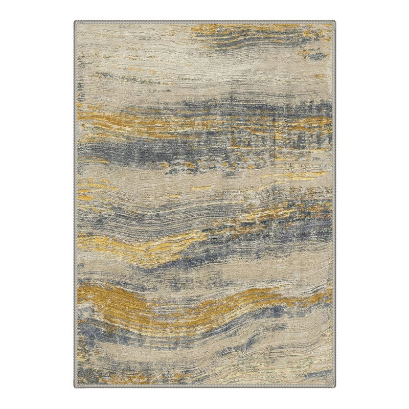 Abstract Waves Machine Washable Gilded Slate Indoor Area Rug With Non-Slip Backing, Gold/Blue/Beige, Rectangle 6' x 9'