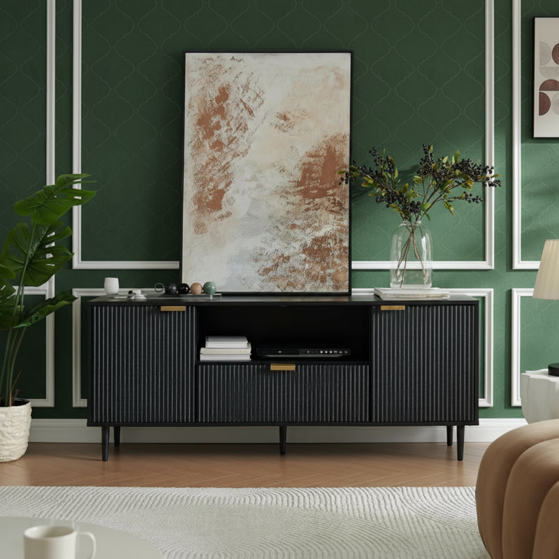 Black Wood Recessed TV Cabinet, Suitable For 65-Inch Tvs, Versatile For Both Guest And Bedroom Use, Features Drawers And Storage, Soft-Close Hinges And Cable Management.