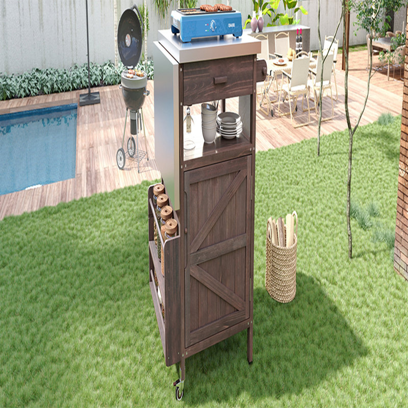 Chariot de barbecue extérieur de 40,5 po avec plateau en acier inoxydable, armoire de rangement d'extérieur en bois massif avec abattant, un tiroir, porte-serviettes, chariot de cuisine roulant avec roues verrouillables pour jardin gazonné, bleu gris