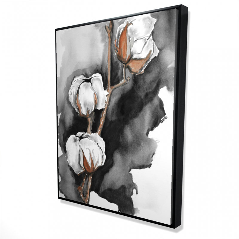 Fleurs de coton sur fond noir, reproduction sur toile, H 48 po x l 36 po