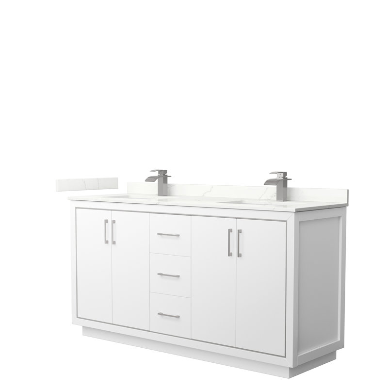 Meuble-lavabo double autoportant 66 po avec plateau en quartz 66 po, Quartz Giotto, Blanc, Bronze satiné