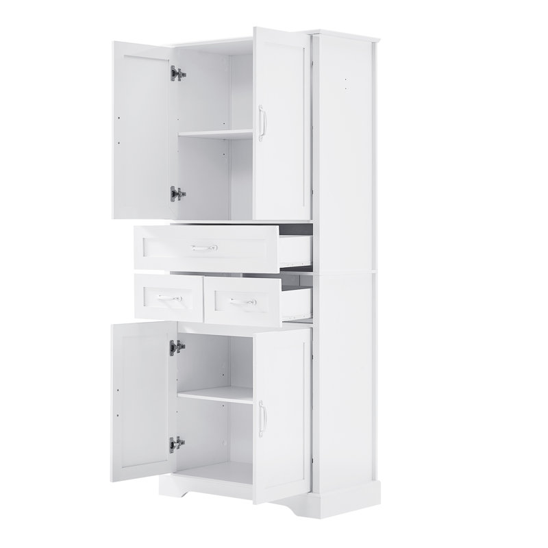 Armoire à linge de salle de bain autoportante de 179 cm de hauteur, avec 4 portes, 3 tiroirs, étagères réglables et crochet latéral en alliage d'aluminium, blanche