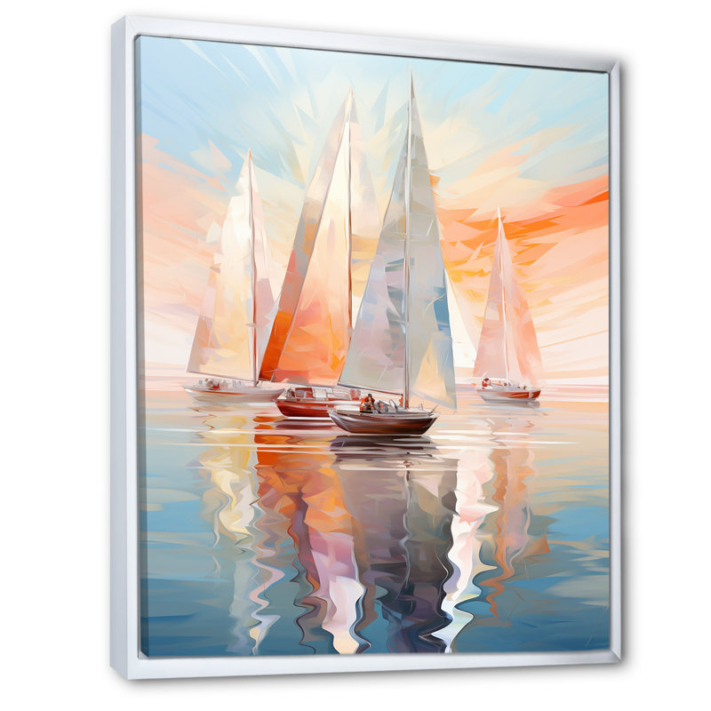 Minimalisme, voilier, rythme, art mural, H 44 po x l 34 po x P 1,5 po, Cadre flottant blanc