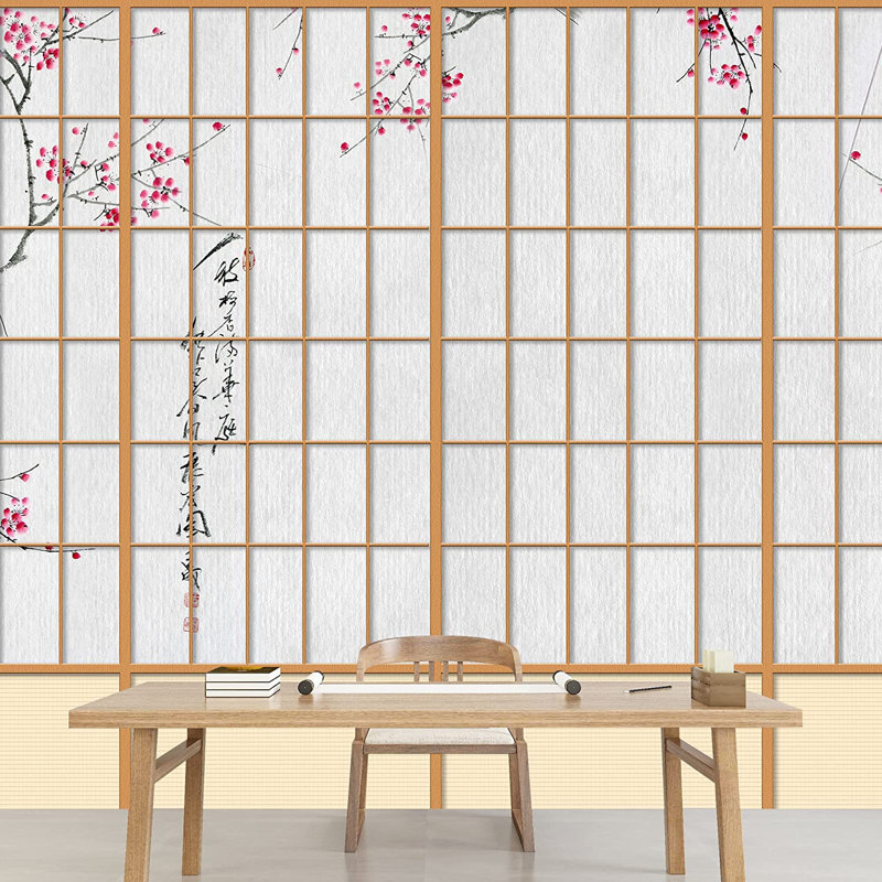 Tablette murale japonaise en forme de fenêtre japonaise vue de fruits sur les branches, L 100 po x l 144 po