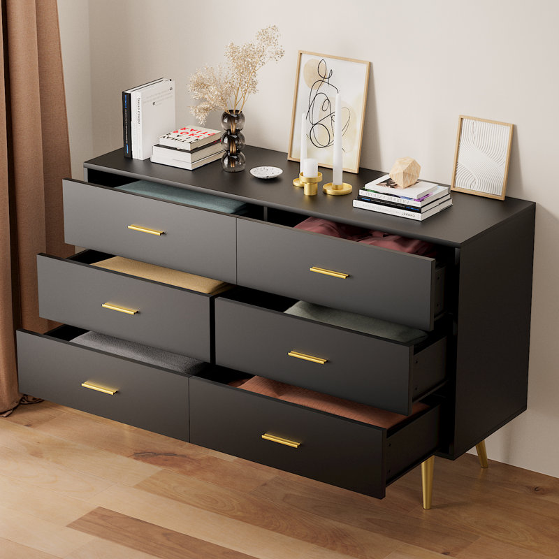 Kamily 47.25" W 6 Drawer Double Dresser,Bedroom Dresser , Black