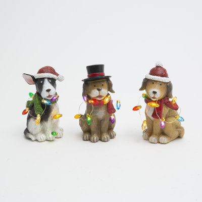 Ensemble de 3 chiens de vacances de 6,3 pouces en résine lumineuse à piles avec minuterie