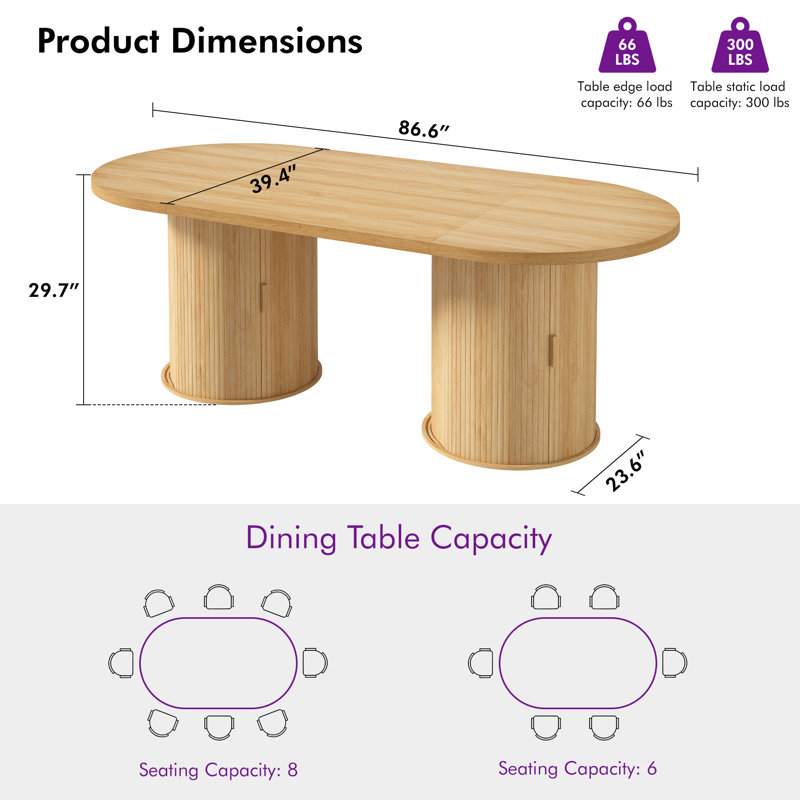 86.6'' Modern Oval Dining Table with Double Storage Shelves&Sliding Doors for 6-8 People,Natural Oak, Natural