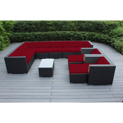 Ensemble de conversation en osier 8 personnes avec coussins Konen Wicker